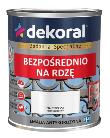 DEKORAL EMALIA ANTYKOROZYJNA BEZPOŚREDNIO NA RDZĘ 0,65L BIAŁY POŁYSK RAL 9016