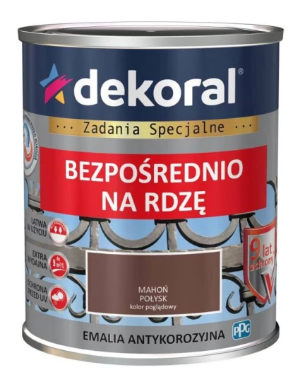 DEKORAL EMALIA ANTYKOROZYJNA BEZPOŚREDNIO NA RDZĘ 0,65L MAHOŃ POŁYSK RAL 3009