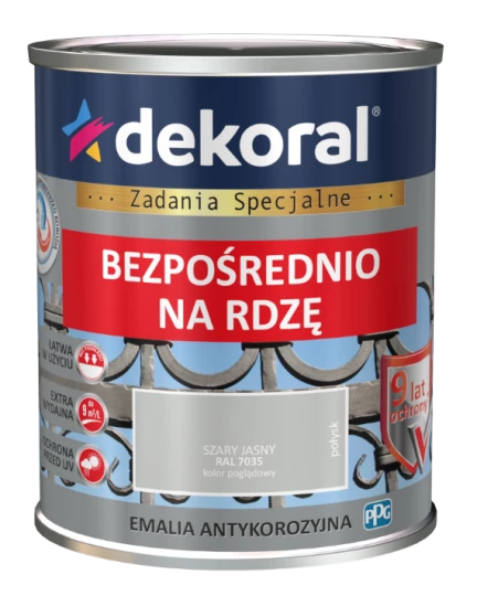 DEKORAL EMALIA ANTYKOROZYJNA BEZPOŚREDNIO NA RDZĘ 0,65L SZARY JASNY POŁYSK RAL 7035