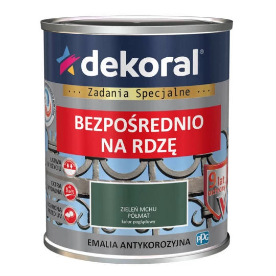DEKORAL EMALIA ANTYKOROZYJNA BEZPOŚREDNIO NA RDZĘ 0,65L ZIELEŃ MCHU PÓLMAT RAL 6005