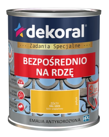 DEKORAL EMALIA ANTYKOROZYJNA BEZPOŚREDNIO NA RDZĘ 0,65L ŻÓŁTY POŁYSK RAL 1023