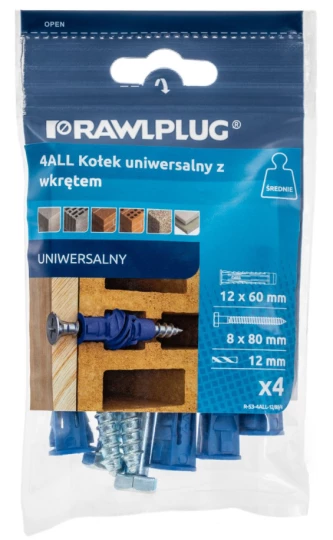 4ALL Kołek uniwersalny 12x60mm z wkrętem z łbem sześciokątnym 8,0x80mm, 4 szt