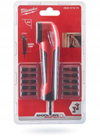 Milwaukee Udarowa nasadka kątowa 90° Shockwave + 10 bitów Phillips, Pozidriv i Torx, PH2, PZ1 - PZ3, TX10 - TX30