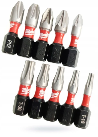 Milwaukee Udarowa nasadka kątowa 90° Shockwave + 10 bitów Phillips, Pozidriv i Torx, PH2, PZ1 - PZ3, TX10 - TX30