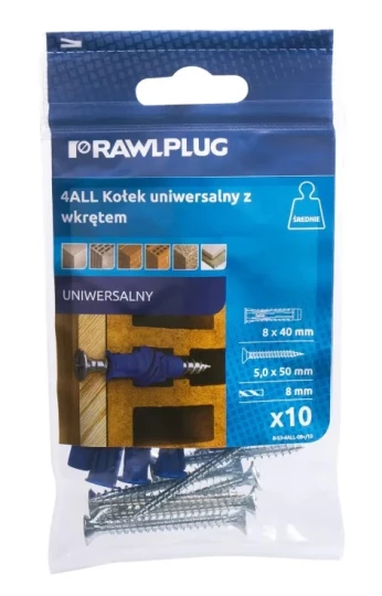 4ALL Kołek uniwersalny 8x40mm z wkrętem 5,0x60mm - worek foliowy - 10 szt.